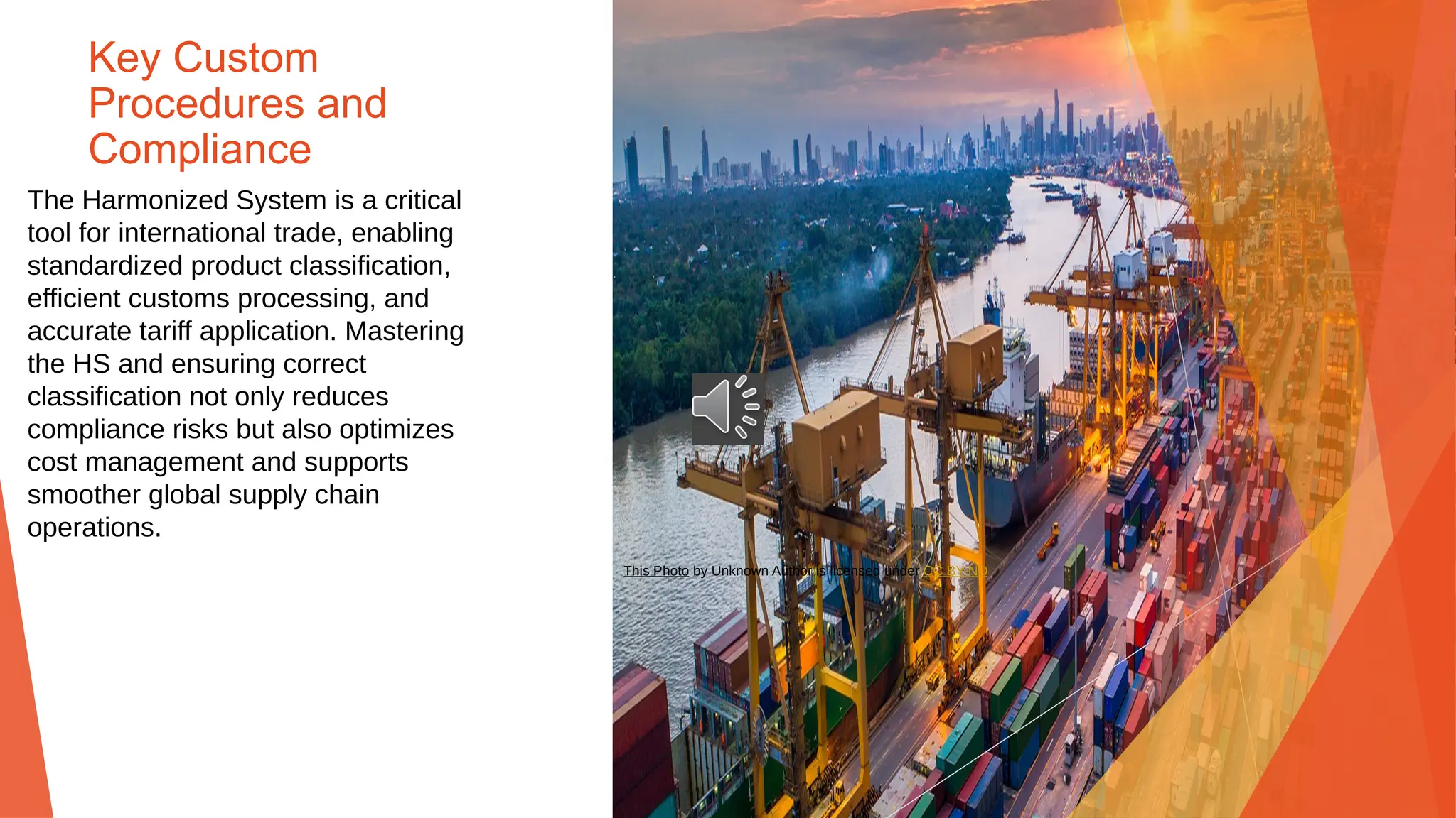 Key Custom
Procedures and
Compliance
The Harmonized System is a critical
tool for international trade, enabling
standardized product classification,
efficient customs processing, and
accurate tariff application. Mastering
the HS and ensuring correct
classification not only reduces
compliance risks but also optimizes
cost management and supports
smoother global supply chain
operations.
This Photo by Unknown Author is licensed under CC BY-ND
 