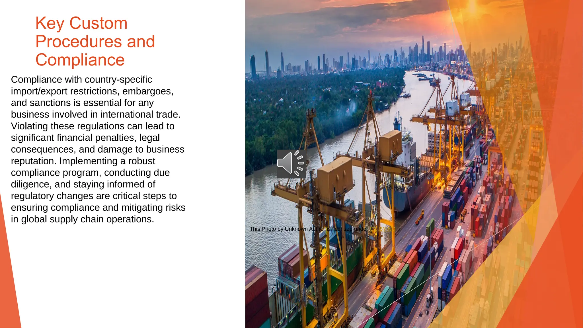 Key Custom
Procedures and
Compliance
Compliance with country-specific
import/export restrictions, embargoes,
and sanctions is essential for any
business involved in international trade.
Violating these regulations can lead to
significant financial penalties, legal
consequences, and damage to business
reputation. Implementing a robust
compliance program, conducting due
diligence, and staying informed of
regulatory changes are critical steps to
ensuring compliance and mitigating risks
in global supply chain operations.
This Photo by Unknown Author is licensed under CC BY-ND
 
