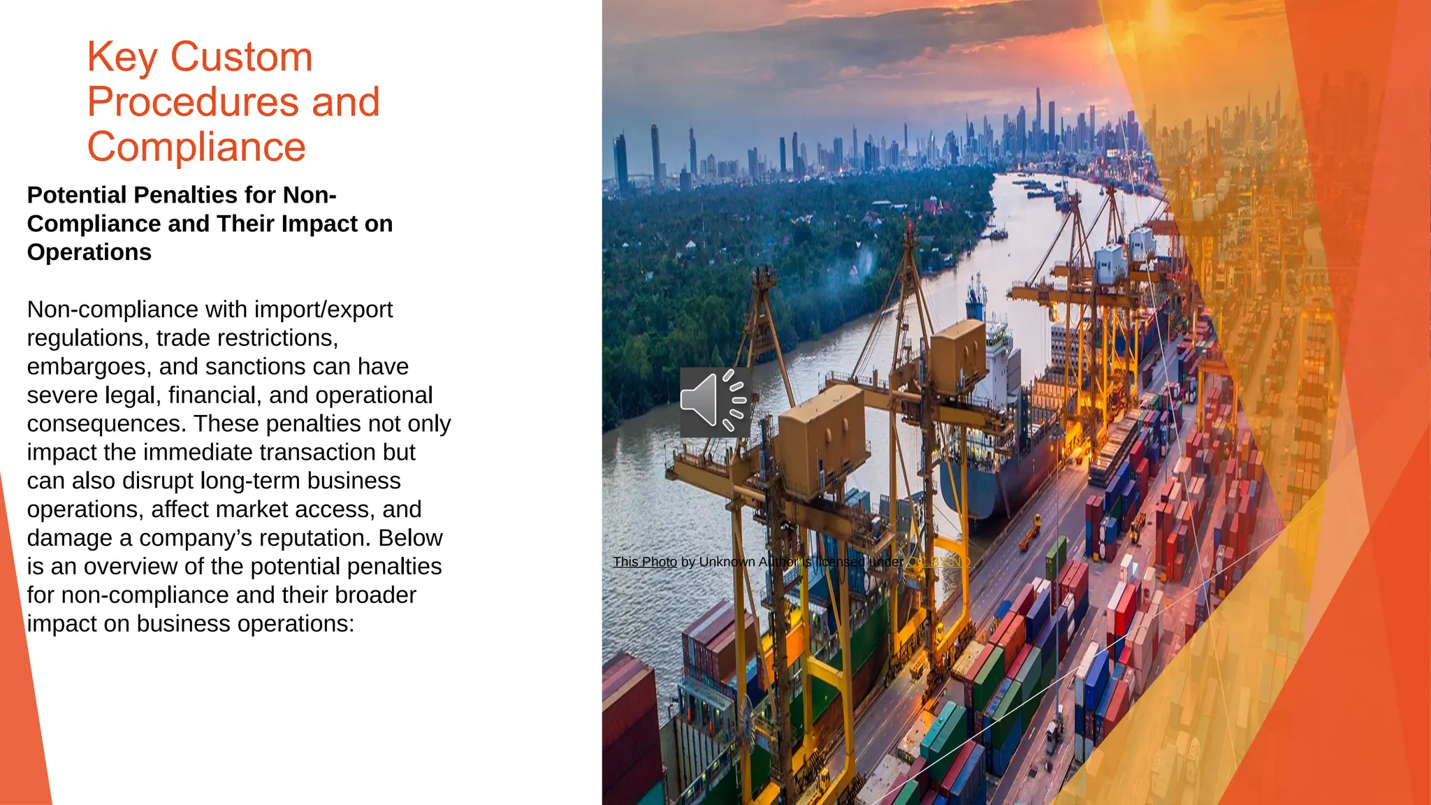 Key Custom
Procedures and
Compliance
Potential Penalties for Non-
Compliance and Their Impact on
Operations
Non-compliance with import/export
regulations, trade restrictions,
embargoes, and sanctions can have
severe legal, financial, and operational
consequences. These penalties not only
impact the immediate transaction but
can also disrupt long-term business
operations, affect market access, and
damage a company’s reputation. Below
is an overview of the potential penalties
for non-compliance and their broader
impact on business operations:
This Photo by Unknown Author is licensed under CC BY-ND
 