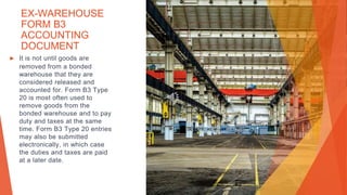 EX-WAREHOUSE
FORM B3
ACCOUNTING
DOCUMENT
▶ It is not until goods are
removed from a bonded
warehouse that they are
considered released and
accounted for. Form B3 Type
20 is most often used to
remove goods from the
bonded warehouse and to pay
duty and taxes at the same
time. Form B3 Type 20 entries
may also be submitted
electronically, in which case
the duties and taxes are paid
at a later date.
 