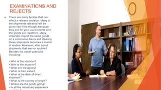 EXAMINATIONS AND
REJECTS
▶ There are many factors that can
affect a release decision. Many of
the shipments released will be
given very little thought because
they are for your usual clients and
the goods are repetitive. Many
importers import the same goods
on a continuous basis and clearing
these shipments becomes a matter
of routine. However, what about
shipments that are not routine?
Besides the usual questions
including:
• Who is the importer?
• Who is the exporter?
• What are the goods?
• What is their value?
• What is the date of direct
shipment?
• What is the country of origin?
• Where are the goods going?
• Is all the necessary paperwork
 
