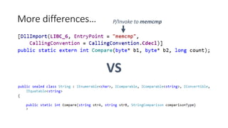 More differences…
VS
P/Invoke to memcmp
 