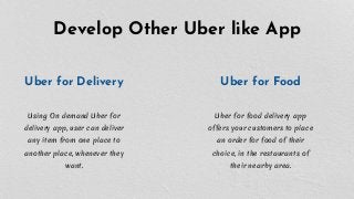 Develop Other Uber like App
Uber for Delivery Uber for Food
Using On demand Uber for
delivery app, user can deliver
any item from one place to
another place, whenever they
want.
Uber for food delivery app
offers your customers to place
an order for food of their
choice, in the restaurants of
their nearby area.
 