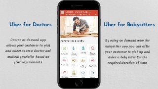 Uber for Doctors Uber for Babysitters
Doctor on demand app
allows your customer to pick
and select nearest doctor and
medical specialist based on
your requirements.
By using on demand uber for
babysitter app, you can offer
your customer to pick up and
order a babysitter for the
required duration of time.
 