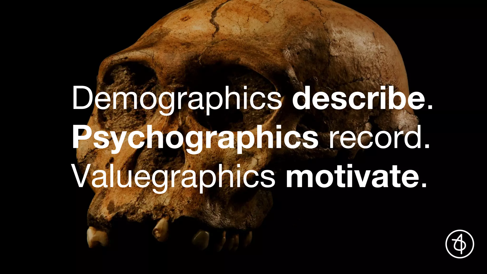 Demographics describe.
Psychographics record.
Valuegraphics motivate.
 