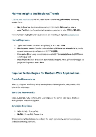 Market Insights and Regional Trends
Custom web applications are not just a niche—they are a global trend. Some key
market facts:
• North America dominated the market in 2024 with 34% market share.
• Asia Pacific is the fastest-growing region, expected to hit a CAGR of 25.32%.
These numbers highlight where businesses are investing in digital transformation.
Market Segments
• Type: Web-based solutions are growing at a 21.2% CAGR.
• Deployment Mode: Cloud solutions led with 58% market share in 2024, while
on-premises apps grow fastest at 21.11% CAGR.
• Enterprise Size: Large enterprises generated 61% market share, but SMEs are
catching up fast.
• Industry Vertical: IT & telecom dominated with 22%, while government apps are
projected to grow at 26% CAGR.
Popular Technologies for Custom Web Applications
Front-End Frameworks
React.js, Angular, and Vue.js allow developers to create dynamic, responsive, and
interactive interfaces.
Back-End Frameworks
Node.js, Django, Ruby on Rails, and Laravel power the server-side logic, database
management, and API integration.
Database Solutions
• SQL: MySQL, PostgreSQL
• NoSQL: MongoDB, Cassandra
Choosing the right database depends on the app’s complexity, performance needs,
and scalability requirements.
 