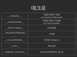 ???
___FILENAME___
??? (??? ??)
ex) ViewController.swift
___FILEBASENAME___
??? (??? ???)
ex) ViewController
___PROJECTNAME___ ?????
___ORGANIZATIONNAME__
_
???
___FULLUSERNAME___ ??? (FullName)
___DATE___ ?? ??
___VARIABLE_[Identifier]___ Identifier? ???? ???
 