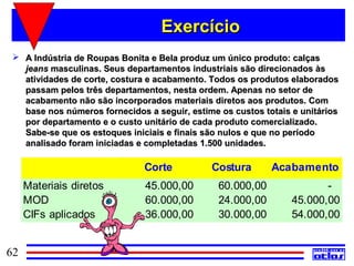 Exercício
  A Indústria de Roupas Bonita e Bela produz um único produto: calças
   jeans masculinas. Seus departamentos industriais são direcionados às
   atividades de corte, costura e acabamento. Todos os produtos elaborados
   passam pelos três departamentos, nesta ordem. Apenas no setor de
   acabamento não são incorporados materiais diretos aos produtos. Com
   base nos números fornecidos a seguir, estime os custos totais e unitários
   por departamento e o custo unitário de cada produto comercializado.
   Sabe-se que os estoques iniciais e finais são nulos e que no período
   analisado foram iniciadas e completadas 1.500 unidades.

                               Corte          Costura       Acabamento
     Materiais diretos         45.000,00        60.000,00               -
     MOD                       60.000,00        24.000,00        45.000,00
     CIFs aplicados            36.000,00        30.000,00        54.000,00


62
 
