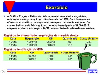 Exercício
  A Gráfica Traços e Rabiscos Ltda. apresentou os dados seguintes,
   referentes a sua produção no mês de maio de 19X3. Com base nestes
   números, contabilize os lançamentos e apure o custo da empresa. Os
   custos indiretos de fabricação no período foram iguais a $4.000,00. A
   empresa costuma empregar a MOD como critério de rateio destes custos.

 Registros do almoxarifado : requisições de materiais diretos.
     Data        Requisição          OP        Quantidade Custo Unitário
    12/Mai        1208/X3          563/X3            90        3,5
    17/Mai        1209/X3          564/X3           210        3,6
 Registros de utilização de MOD.
     Data              OP        Quantidade   Custo Unitário
    14/Mai           563/X3         300            6,2
    21/Mai           564/X3         800            6,2



66
 