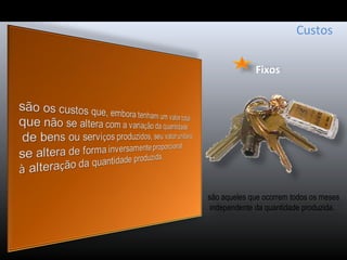 Fixos
Custos
são aqueles que ocorrem todos os meses
independente da quantidade produzida.
 