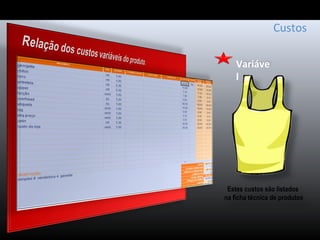 Variáve
l
Custos
Estes custos são listados
na ficha técnica de produtos
 