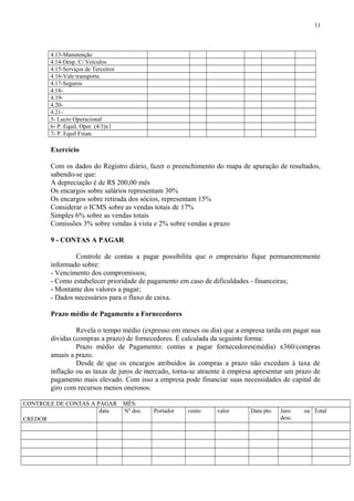 4.13-Manutenção
4.14-Desp. C/ Veículos
4.15-Serviços de Terceiros
4.16-Vale transporte
4.17-Seguros
4.18-
4.19-
4.20-
4.21-
5- Lucro Operacional
6- P. Equil. Oper. (4/3)x1
7- P. Equil Finan.
Exercício
Com os dados do Registro diário, fazer o preenchimento do mapa de apuração de resultados,
sabendo-se que:
A depreciação é de R$ 200,00 mês
Os encargos sobre salários representam 30%
Os encargos sobre retirada dos sócios, representam 15%
Considerar o ICMS sobre as vendas totais de 17%
Simples 6% sobre as vendas totais
Comissões 3% sobre vendas à vista e 2% sobre vendas a prazo
9 - CONTAS A PAGAR
Controle de contas a pagar possibilita que o empresário fique permanentemente
informado sobre:
- Vencimento dos compromissos;
- Como estabelecer prioridade de pagamento em caso de dificuldades - financeiras;
- Montante dos valores a pagar;
- Dados necessários para o fluxo de caixa.
Prazo médio de Pagamento a Fornecedores
Revela o tempo médio (expresso em meses ou dia) que a empresa tarda em pagar sua
dívidas (compras a prazo) de fornecedores. É calculada da seguinte forma:
Prazo médio de Pagamento: contas a pagar fornecedores(média) x360/compras
anuais a prazo.
Desde de que os encargos atribuídos às compras a prazo não excedam à taxa de
inflação ou as taxas de juros de mercado, torna-se atraente à empresa apresentar um prazo de
pagamento mais elevado. Com isso a empresa pode financiar suas necessidades de capital de
giro com recursos menos onerosos.
CONTROLE DE CONTAS A PAGAR MÊS:
CREDOR
data Nº doc. Portador vento valor Data pto Juro ou
desc.
Total
11
 