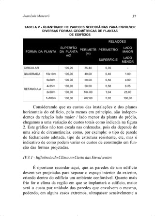 37Juan Luis Mascaró
Considerando que os custos das instalações e dos planos
horizontais do edifício, pelo menos em princípio, são indepen-
dentes da relação lado maior / lado menor da planta do prédio,
chegamos a uma variação de custos totais como indicada na figura
2. Este gráfico não tem escala nas ordenadas, pois ela depende de
uma série de circunstâncias, como, por exemplo: o tipo de parede
de fechamento adotada, tipo de estrutura resistente, etc, mas é
indicativo de como podem variar os custos de construção em fun-
ção das formas projetadas.
IV.3.1 - Influência do Clima no Custo das Envolventes
É oportuno recordar aqui, que as paredes de um edifício
devem ser projetadas para separar o espaço interior do exterior,
criando dentro do edifício um ambiente confortável. Quanto mais
frio for o clima da região em que se implantará o edifício, maior
será o custo por unidade das paredes que envolvem o mesmo,
podendo, em alguns casos extremos, ultrapassar sensivelmente a
TABELA V - QUANTIDADE DE PAREDES NECESSÁRIAS PARA ENVOLVER
DIVERSAS FORMAS GEOMÉTRICAS DE PLANTAS
DE EDIFÍCIOS
FORMA DA PLANTA
SUPERFÍCI
DA PLANTA
m2
PERÍMETR
(m)
RELAÇÕES
PERÍMETRO
LADO
MAIOR
SUPERFÍCIE
LADO
MENOR
CIRCULAR 100,00 35,44 0,35 -
QUADRADA 10x10m 100,00 40,00 0,40 1,00
RETANGULA
5x20m 100,00 50,00 0,50 4,00
4x25m 100,00 58,00 0,58 6,25
2x50m 100,00 104,00 1,04 25,00
1x100m 100,00 202,00 2,02 100,00
 