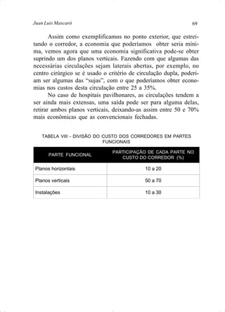 69Juan Luis Mascaró
Assim como exemplificamos no ponto exterior, que estrei-
tando o corredor, a economia que poderíamos obter seria míni-
ma, vemos agora que uma economia significativa pode-se obter
suprindo um dos planos verticais. Fazendo com que algumas das
necessárias circulações sejam laterais abertas, por exemplo, no
centro cirúrgico se é usado o critério de circulação dupla, poderi-
am ser algumas das “sujas”, com o que poderíamos obter econo-
mias nos custos desta circulação entre 25 a 35%.
No caso de hospitais pavilhonares, as circulações tendem a
ser ainda mais extensas, uma saída pode ser para alguma delas,
retirar ambos planos verticais, deixando-as assim entre 50 e 70%
mais econômicas que as convencionais fechadas.
TABELA VIII - DIVISÃO DO CUSTO DOS CORREDORES EM PARTES
FUNCIONAIS
PARTE FUNCIONAL
PARTICIPAÇÃO DE CADA PARTE NO
CUSTO DO CORREDOR (%)
Planos horizontais 10 a 20
Planos verticais 50 a 70
Instalações 10 a 30
 