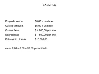 EXEMPLO Preço de venda $8,00 a unidade Custos variáveis $6,00 a unidade Custos fixos $ 4.000,00 por ano Depreciação $  800,00 por ano Patrimônio Líquido $10.000,00 mc =  8,00 – 6,00 = $2,00 por unidade 
