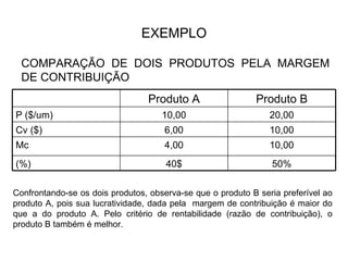 EXEMPLO COMPARAÇÃO DE DOIS PRODUTOS PELA MARGEM DE CONTRIBUIÇÃO Confrontando-se os dois produtos, observa-se que o produto B seria preferível ao produto A, pois sua lucratividade, dada pela  margem de contribuição é maior do que a do produto A. Pelo critério de rentabilidade (razão de contribuição), o produto B também é melhor.  50% 40$ (%) 10,00 4,00 Mc 10,00 6,00 Cv ($) 20,00 10,00 P ($/um) Produto B Produto A 