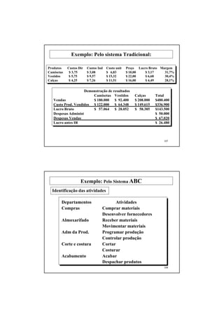 Exemplo: Pelo sistema Tradicional:

Produtos    Custos Dir   Custos Ind   Custo unit   Preço Lucro Bruto Margem
Camisetas    $ 3,75      $ 3,08       $ 6,83       $ 10,00   $ 3,17    31,7%
Vestidos     $ 5,75      $ 9,57       $ 15,32      $ 22,00   $ 6,68    30,4%
Calças       $ 4,25      $ 7,26       $ 11,51      $ 16,00   $ 4,49    28,1%


                     Demonstração de resultados
                         Camisetas Vestidos            Calças      Total
   Vendas                $ 180.000 $ 92.400            $ 208.000   $480.400
   Custo Prod. Vendidos $ 122.000 $ 64.348             $ 149.615   $336.900
   Lucro Bruto           $ 57.064 $ 28.052             $ 58.385    $143.500
   Despesas Administ                                               $ 50.000
   Despesas Vendas                                                 $ 67.020
   Lucro antes IR                                                  $ 26.480



                                                                        107




                    Exemplo: Pelo Sistema ABC
  Identificação das atividades

        Departamentos                    Atividades
        Compras                   Comprar materiais
                                  Desenvolver fornecedores
        Almoxarifado              Receber materiais
                                  Movimentar materiais
        Adm da Prod.              Programar produção
                                  Controlar produção
        Corte e costura           Cortar
                                  Costurar
        Acabamento                Acabar
                                  Despachar produtos
                                                                        108
 