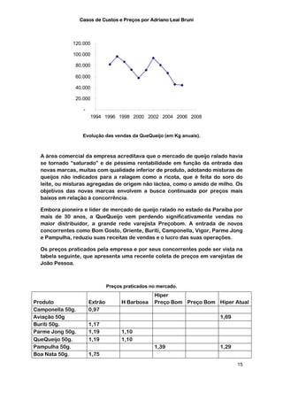 Casos de Custos e Preços por Adriano Leal Bruni



              120.000

              100.000

               80.000

               60.000

               40.000

               20.000

                   -
                       1994 1996 1998 2000 2002 2004 2006 2008


                   Evolução das vendas da QueQueijo (em Kg anuais).



  A área comercial da empresa acreditava que o mercado de queijo ralado havia
  se tornado “saturado” e de péssima rentabilidade em função da entrada das
  novas marcas, muitas com qualidade inferior de produto, adotando misturas de
  queijos não indicados para a ralagem como a ricota, que é feita do soro do
  leite, ou misturas agregadas de origem não láctea, como o amido de milho. Os
  objetivos das novas marcas envolvem a busca continuada por preços mais
  baixos em relação à concorrência.

  Embora pioneira e líder de mercado de queijo ralado no estado da Paraíba por
  mais de 30 anos, a QueQueijo vem perdendo significativamente vendas no
  maior distribuidor, a grande rede varejista Preçobom. A entrada de novos
  concorrentes como Bom Gosto, Oriente, Buriti, Camponella, Vigor, Parme Jong
  e Pampulha, reduziu suas receitas de vendas e o lucro das suas operações.

  Os preços praticados pela empresa e por seus concorrentes pode ser vista na
  tabela seguinte, que apresenta uma recente coleta de preços em varejistas de
  João Pessoa.



                                Preços praticados no mercado.
                                                   Hiper
Produto                Extrão         H Barbosa    Preço Bom Preço Bom Hiper Atual
Camponella 50g.        0,97
Aviação 50g                                                             1,69
Buriti 50g.            1,17
Parme Jong 50g.        1,19           1,10
QueQueijo 50g.         1,19           1,10
Pampulha 50g.                                      1,39                 1,29
Boa Nata 50g.          1,75
                                                                               15
 