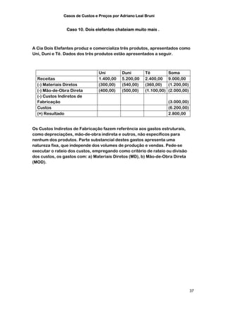 Casos de Custos e Preços por Adriano Leal Bruni


                Caso 10. Dois elefantes chateiam muito mais .



A Cia Dois Elefantes produz e comercializa três produtos, apresentados como
Uni, Duni e Tê. Dados dos três produtos estão apresentados a seguir.



                                 Uni         Duni        Tê           Soma
  Receitas                       1.400,00    5.200,00    2.400,00     9.000,00
  (-) Materiais Diretos          (300,00)    (540,00)    (360,00)     (1.200,00)
  (-) Mão-de-Obra Direta         (400,00)    (500,00)    (1.100,00)   (2.000,00)
  (-) Custos Indiretos de
  Fabricação                                                          (3.000,00)
  Custos                                                              (6.200,00)
  (=) Resultado                                                       2.800,00


Os Custos Indiretos de Fabricação fazem referência aos gastos estruturais,
como depreciações, mão-de-obra indireta e outros, não específicos para
nenhum dos produtos. Parte substancial destes gastos apresenta uma
natureza fixa, que independe dos volumes de produção e vendas. Pede-se
executar o rateio dos custos, empregando como critério de rateio ou divisão
dos custos, os gastos com: a) Materiais Diretos (MD), b) Mão-de-Obra Direta
(MOD).




                                                                                   37
 