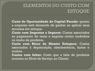  Custo de Oportunidade do Capital Parado: quanto 
a empresa está deixando de ganhar ao aplicar seus 
recursos em estoque. 
 Custo com Impostos e Seguros: Custos associados 
ao pagamento de taxas e seguros contra incêndios 
ou roubo de produtos. 
 Custo com Risco de Manter Estoques: Custos 
associados à depreciação, obsolescência, furtos e 
roubos. 
 Custos com faltas: Custo que a falta de produtos 
acarreta no Nível de Serviço ao Cliente 
 