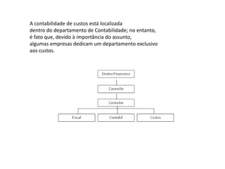 A contabilidade de custos está localizada
dentro do departamento de Contabilidade; no entanto,
é fato que, devido à importância do assunto,
algumas empresas dedicam um departamento exclusivo
aos custos.
 