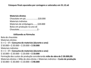 Estoques finais apurados por contagens e valorados em 31.12.x6
Materiais diretos
Chocolate em pó......................$20.000
Materiais indiretos
Materiais de embalagens........$20.000
Bolos em produção no ano x6
Chocolate................................$ -
Utilizando as Fórmulas
Bolo de chocolate
Materiais diretos
Ei + C – Ef = Consumo de materiais (durante o ano)
$ 50.000 + $ 20.000 – $ 20.000 = $ 50.000
Materiais indiretos
Ei + C – Ef = Consumo de materiais (durante o ano)
$ 10.000 + $ 20.000 – $ 20.000 = $ 10.000
Formação dos custos de produção considerando mão de obra de $ 30.000,00:
Materiais diretos + Mão de obra direta + Materiais indiretos = Custo de produção
$ 50.000 + $ 30.000 + $ 10.000 = $ 90.000
 