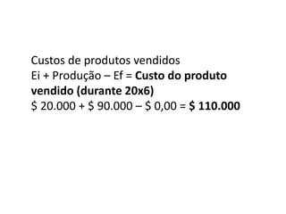 Custos de produtos vendidos
Ei + Produção – Ef = Custo do produto
vendido (durante 20x6)
$ 20.000 + $ 90.000 – $ 0,00 = $ 110.000
 