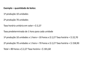 Exemplo – quantidade de bolos:
1ª produção 10 unidades
2ª produção 70 unidades
Taxa horária unitária em valor = $ 2,27
Taxa predeterminada de 1 hora para cada unidade
1ª produção 10 unidades x 1 hora = 10 horas x $ 2,27 Taxa horária = $ 22,70
2ª produção 70 unidades x 1 hora = 70 horas x $ 2,27 Taxa horária = $ 158,90
Total = 80 horas x $ 2,27 Taxa horária = $ 181,60
 