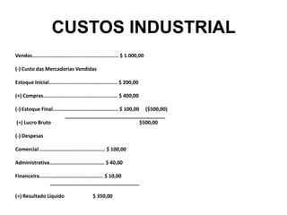 CUSTOS INDUSTRIAL
Vendas.......................................................... $ 1.000,00
(-) Custo das Mercadorias Vendidas
Estoque Inicial.............................................. $ 200,00
(+) Compras.................................................. $ 400,00
(-) Estoque Final............................................ $ 100,00 ($500,00)
____________________________________
(=) Lucro Bruto $500,00
(-) Despesas
Comercial ............................................ $ 100,00
Administrativa..................................... $ 40,00
Financeira........................................... $ 10,00
________________________________
(=) Resultado Líquido $ 350,00
 