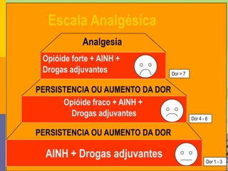 Escala Analgésica
            Analgesia
 Opióide forte + AINH +
 Drogas adjuvantes                         Dor > 7


PERSISTENCIA OU AUMENTO DA DOR
      Opióide fraco + AINH +
        Drogas adjuvantes                            Dor 4 - 6

PERSISTENCIA OU AUMENTO DA DOR

  AINH + Drogas adjuvantes
                Hospital Meridional 2009                     Dor 1 - 3
 