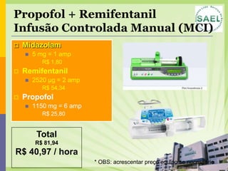 Propofol + Remifentanil
Infusão Controlada Manual (MCI)
   Midazolam
       5 mg = 1 amp
            R$ 1,80
   Remifentanil
       2520 µg = 2 amp
            R$ 54,34
   Propofol
       1150 mg = 6 amp
            R$ 25,80


         Total
        R$ 81,94
R$ 40,97 / hora
                          * OBS: acrescentar preço equipo se necessário
 