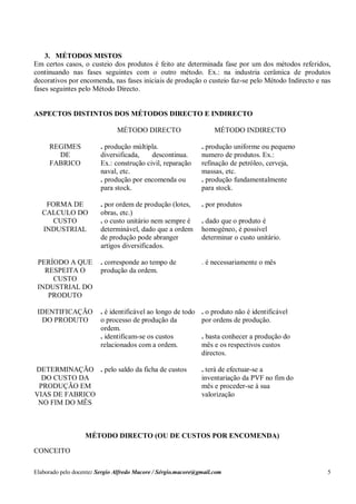 Elaborado pelo docente: Sergio Alfredo Macore / Sérgio.macore@gmail.com 5
3. MÉTODOS MISTOS
Em certos casos, o custeio dos produtos é feito ate determinada fase por um dos métodos referidos,
continuando nas fases seguintes com o outro método. Ex.: na industria cerâmica de produtos
decorativos por encomenda, nas fases iniciais de produção o custeio faz-se pelo Método Indirecto e nas
fases seguintes pelo Método Directo.
ASPECTOS DISTINTOS DOS MÉTODOS DIRECTO E INDIRECTO
MÉTODO DIRECTO MÉTODO INDIRECTO
REGIMES
DE
FABRICO
. produção múltipla.
diversificada, descontinua.
Ex.: construção civil, reparação
naval, etc.
. produção uniforme ou pequeno
numero de produtos. Ex.:
refinação de petróleo, cerveja,
massas, etc.
. produção por encomenda ou
para stock.
. produção fundamentalmente
para stock.
FORMA DE
CALCULO DO
. por ordem de produção (lotes,
obras, etc.)
. por produtos
CUSTO
INDUSTRIAL
. o custo unitário nem sempre é
determinável, dado que a ordem
de produção pode abranger
artigos diversificados.
. dado que o produto é
homogéneo, é possível
determinar o custo unitário.
PERÍODO A QUE
RESPEITA O
CUSTO
INDUSTRIAL DO
PRODUTO
. corresponde ao tempo de
produção da ordem.
. é necessariamente o mês
IDENTIFICAÇÃO
DO PRODUTO
. é identificável ao longo de todo
o processo de produção da
ordem.
. o produto não é identificável
por ordens de produção.
. identificam-se os custos
relacionados com a ordem.
. basta conhecer a produção do
mês e os respectivos custos
directos.
DETERMINAÇÃO
DO CUSTO DA
PRODUÇÃO EM
VIAS DE FABRICO
NO FIM DO MÊS
. pelo saldo da ficha de custos . terá de efectuar-se a
inventariação da PVF no fim do
mês e proceder-se à sua
valorização
MÉTODO DIRECTO (OU DE CUSTOS POR ENCOMENDA)
CONCEITO
 