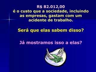 R$ 82.012,00
é o custo que a sociedade, incluindo
   as empresas, gastam com um
        acidente de trabalho.

  Será que elas sabem disso?

   Já mostramos isso a elas?
 
