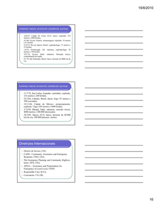 19/8/2010

Acidentes maiores envolvendo substâncias químicas

ü
ü
ü
ü
ü
ü

16/4/47, Cidade do Texas, EUA: barco; explosão; 552
mortos e 3000 feridos.
4/1/66, Feyzin, Francia: armazenagem; explosão; 18 mortos
e 81 feridos.
21/9/72, Rio de Janeiro, Brasil: explosão/fogo; 37 mortos y
53 feridos.
1/6/74, Flixborough, UK: industria; explosão/fogo; 28
mortos y 104 feridos.
10/7/76, Seveso, Itália: industria; liberação tóxica;
contaminação da região.
9/1/78, São Sebastião, Brasil: barco; derrame de 6000 ton de
cru.

Acidentes maiores envolvendo substâncias químicas

ü
ü
ü
ü
ü

11/7/78, San Carlos, Espanha: caminhão; explosão;
216 mortos e 200 feridos.
25/2/84, Cubatão, Brasil: ducto; fogo; 93 mortos e
500 evacuados.
19/11/84, Cidade do México: armazenamento;
explosão / fogo; 650 mortos e 6400 feridos.
3/12/84, Bhopal, Índia: industria; emissão tóxica;
4000 mortos e 200.000 intoxicados.
24/3/89, Alasca, EUA: barco; derrame de 40.000
ton de cru; 100.000 pássaros mortos.

Diretrizes Internacionais
ð Diretriz de Seveso, CEE;
ð CAER - Community Awareness and Emergency

Response, CMA, USA;
ð The Emergency Planning and Community Right-to-

know, EPA, USA;
ð APELL - Awareness and Preparedness for

Emergency at Local Level, UNEP;
ð Responsible Care, ICCA;
ð Convención 174, OIL.

16

 