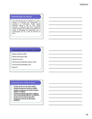 19/8/2010

Quantificação de Riscos
Uma das maneiras de se quantificar um risco é
através do emprego de “ferramentas” ou
processos de mensuração. Muitas dessas
informam apenas o tipo de risco. Outras
informam o “tamanho” dos riscos. Finalmente
existem aquelas que qualificam e quantificam os
riscos. A associação da qualificação com a
quantificação nos dá a idéia do tamanho do
risco.

Ferramentas para a Análise de Riscos
•Série de Riscos (SR);
•Série de Eventos (SE);
•Check List (CL);
•Técnica de Incidentes Críticos (TIC);
•Técnica de Entrevistas (TE);
•What If,

Ferramentas para a Análise de Riscos
l
l
l
l
l
l

Análise de Árvore de Falha (AAF);
Análise Preliminar de Riscos (APR);
Análise dos Modos de Falha e Efeitos
(AMFE ou FMEA);
Análise dos Modos de Falha e Efeitos
com Criticalidade (AMFEC ou FMECA);
Análise de Procedimentos (AP);
Análise dos Riscos de Operação
(HAZOP).

25

 