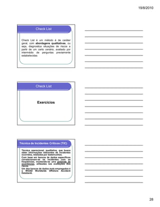 19/8/2010

Check List

Check List é um método é de caráter
geral, com abordagens qualitativas, ou
seja, diagnostica situações de riscos a
partir de um certo cenário, avaliado por
intermédio de perguntas previamente
estabelecidas

Check List

Exercícios

Técnica de Incidentes Críticos (TIC)
Técnica operacional, qualitativa, que busca
obter informações relevantes de incidentes
ocorridos, relatadas por testemunhas.
Com base em bancos de dados específicos
correlacionam-se os incidentes com as
freqüências, montando-se uma pirâmide de
ocorrências, utilizadas nas avaliações dos
riscos.
Um dos bancos de dados mais empregados é
o WOAD Worldwide Offshore Accident
Databank.

28

 