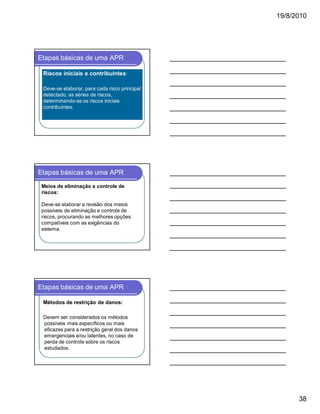 19/8/2010

Etapas básicas de uma APR
Riscos iniciais e contribuintes:
Deve-se elaborar, para cada risco principal
detectado, as séries de riscos,
determinando-se os riscos iniciais
contribuintes.

Etapas básicas de uma APR
Meios de eliminação e controle de
riscos:
Deve-se elaborar a revisão dos meios
possíveis de eliminação e controle de
riscos, procurando as melhores opções
compatíveis com as exigências do
sistema.

Etapas básicas de uma APR
Métodos de restrição de danos:
Devem ser considerados os métodos
possíveis mais específicos ou mais
eficazes para a restrição geral dos danos
emergenciais e/ou latentes, no caso de
perda de controle sobre os riscos
estudados.

38

 