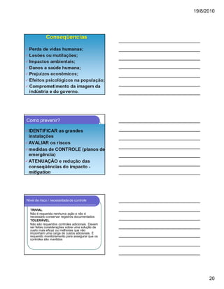 19/8/2010

Como prevenir?

Nível de risco / necessidade de controle
TRIVIAL
Não é requerida nenhuma ação e não é
necessário conservar registros documentados
TOLERÁVEL
Não são requeridos controles adicionais. Devem
ser feitas considerações sobre uma solução de
custo mais eficaz ou melhorias que não
imponham uma carga de custos adicionais. É
requerido monitoramento para assegurar que os
controles são mantidos

20

 