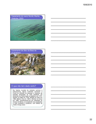 19/8/2010

Vazamento do navio Nordic Marita,
Ubatuba, 2003

Vazamento de óleo da Baia da
Guanabara

O que não tem dado certo?
Na história mundial da indústria química e
petroquímica, alguns acidentes causaram a
morte de milhares de pessoas e impactos de
grandes dimensões ao meio ambiente. Os
acidentes de Flixborough na Inglaterra em 1974,
Seveso na Itália em 1976, Bhopal na Índia em
1984, México City em 1984 e Sandoz na Suíça
em 1986, caracterizaram-se por extrapolar as
divisas da fábrica, se projetando nas populações
e meio ambiente a posteriori, com efeitos de
médio e longo prazo.

22

 