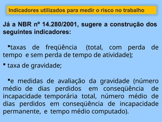 Indicadores utilizados para medir o risco no trabalho
Já a NBR nº 14.280/2001, sugere a construção dos
seguintes indicadores:
taxas de freqüência (total, com perda de
tempo e sem perda de tempo de atividade);
 taxa de gravidade;
e medidas de avaliação da gravidade (número
médio de dias perdidos em conseqüência de
incapacidade temporária total, número médio de
dias perdidos em conseqüência de incapacidade
permanente, e tempo médio computado).
 