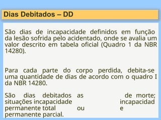 São dias de incapacidade definidos em função
da lesão sofrida pelo acidentado, onde se avalia um
valor descrito em tabela oficial (Quadro 1 da NBR
14280).
Para cada parte do corpo perdida, debita-se
uma quantidade de dias de acordo com o quadro I
da NBR 14280.
de morte;
incapacidad
e
São dias debitados as
situações incapacidade
permanente total ou
permanente parcial.
Dias Debitados – DD
 