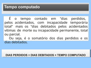 É o tempo contado em "dias perdidos,
pelos acidentados, com incapacidade temporária
total" mais os "dias debitados pelos acidentados
vítimas de morte ou incapacidade permanente, total
ou parcial.
Ou seja, é o somatório dos dias perdidos e os
dias debitados.
Tempo computado
DIAS PERDIDOS + DIAS DEBITADOS = TEMPO COMPUTADO
 