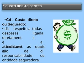 
Cd- Custo direto
ou Segurado:

diz respeito a todas
as
despesas
diretament
e
atendiment
o
ligada
s
a
o
d
o
acidentado, as quais
são de
responsabilidade da
entidade seguradora.
 CUSTO DOS ACIDENTES
 
