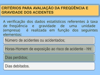 CRITÉRIOS PARA AVALIAÇÃO DA FREQÜÊNCIA E
GRAVIDADE DOS ACIDENTES
A verificação dos dados estatísticos referentes à taxa
de freqüência e gravidade de uma unidade
(empresa) é realizada em função dos seguintes
elementos:
 