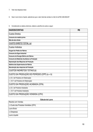 18
7. Valor das despesas totais
8. Qual o lucro bruto e líquido, sabendo-se que o valor total das vendas no mês foi de R$ 3.500.000,00?
9. Considerando os dados anteriores, elabore a planilha de custos a seguir:
DADOS/CONTAS R$
Custos Diretos
Consumo de matéria prima
Mão-de-obra direta
CUSTO DIRETO TOTAL (a)
Custos Indiretos
Aluguel do Prédio da Fábrica
Consumo de Água Industrial
Consumo de Energia Elétrica da Fábrica
Consumo de Materiais Auxiliares na Produção
Depreciação das Máquinas de Produção
Salários dos Supervisores da Fábrica
Manutenção das máquinas de Produção
CUSTOS INDIRETOS TOTAIS (b)
CUSTO DA PRODUÇÃO DO PERÍODO (CPP) (a + b)
(+) E.I. de Produtos em Elaboração
( - ) E.F. de Produtos em Elaboração
CUSTO DA PRODUÇÃO ACABADA (CPA)
(+) E.I. de Produtos Acabados
( - ) E.F. de Produtos Acabados
CUSTO DA PRODUÇÃO VENDIDA (CPV)
Cálculo do Lucro
Receita com Vendas
(-) Custo dos Produtos Vendidos (CPV)
Lucro Bruto
(-) Despesas
Lucro Líquido
 