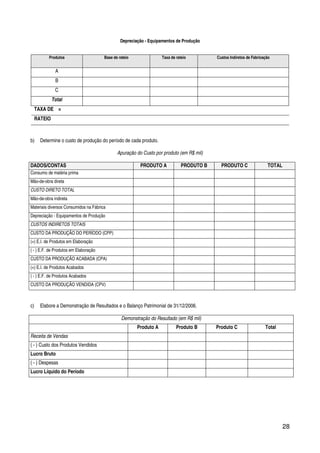 28
Depreciação - Equipamentos de Produção
Produtos Base de rateio Taxa de rateio Custos Indiretos de Fabricação
A
B
C
Total
TAXA DE =
RATEIO
b) Determine o custo de produção do período de cada produto.
Apuração do Custo por produto (em R$ mil)
DADOS/CONTAS PRODUTO A PRODUTO B PRODUTO C TOTAL
Consumo de matéria prima
Mão-de-obra direta
CUSTO DIRETO TOTAL
Mão-de-obra indireta
Materiais diversos Consumidos na Fábrica
Depreciação - Equipamentos de Produção
CUSTOS INDIRETOS TOTAIS
CUSTO DA PRODUÇÃO DO PERÍODO (CPP)
(+) E.I. de Produtos em Elaboração
( - ) E.F. de Produtos em Elaboração
CUSTO DA PRODUÇÃO ACABADA (CPA)
(+) E.I. de Produtos Acabados
( - ) E.F. de Produtos Acabados
CUSTO DA PRODUÇÃO VENDIDA (CPV)
c) Elabore a Demonstração de Resultados e o Balanço Patrimonial de 31/12/2006.
Demonstração do Resultado (em R$ mil)
Produto A Produto B Produto C Total
Receita de Vendas
( - ) Custo dos Produtos Vendidos
Lucro Bruto
( - ) Despesas
Lucro Líquido do Período
 
