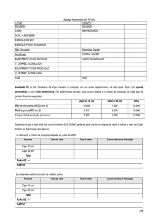 29
Balanço Patrimonial (em R$ mil)
ATIVO PASSIVO
Circulante Circulante
CAIXA EMPRÉSTIMOS
DUPL. A RECEBER
ESTOQUE DE M.P.
ESTOQUE PROD. ACABADOS
Não Circulante Patrimônio Líquido
Imobilizado CAPITAL SOCIAL
EQUIPAMENTOS DE ENTREGA LUCRO ACUMULADO
(-) DEPREC. ACUMULADA
EQUIPAMENTOS DE PRODUÇÃO
(-) DEPREC. ACUMULADA
Total Total
Atividade 19: A Cia. Paraibana de Zíper mantém a produção, em um único departamento, de dois tipos: Zíper com quinze
centímetros e com vinte centímetros. Em determinado período, seus custos diretos e o tempo de produção de cada tipo de
produto foram os seguintes:
Ziper c/ 15 cm Zíper c/ 20 cm Total
Mão-de-obra direta (MOD) (em $) 10.500 4.500 15.000
Matéria-prima (MP) (em $) 4.000 6.000 10.000
Tempo total de produção (em horas) 7.800 5.200 13.000
Sabendo-se que o valor total dos custos indiretos foi $ 30.000, pede-se para montar os mapas de rateio e indicar o valor do Custo
Indireto de Fabricação dos Zíperes:
a) utilizando o critério da proporcionalidade ao custo de MOD.
Produtos Base de rateio Taxa de rateio Custos Indiretos de Fabricação
Zíper 15 cm
Zíper 20 cm
Total
TAXA DE =
RATEIO
b) utilizando o critério do custo de matéria prima.
Produtos Base de rateio Taxa de rateio Custos Indiretos de Fabricação
Zíper 15 cm
Zíper 20 cm
Total
TAXA DE =
RATEIO
 