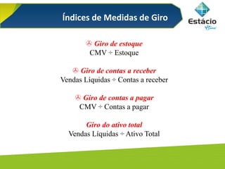 Índices de Medidas de Giro
 Giro de estoque
CMV ÷ Estoque
 Giro de contas a receber
Vendas Líquidas ÷ Contas a receber
 Giro de contas a pagar
CMV ÷ Contas a pagar
Giro do ativo total
Vendas Líquidas ÷ Ativo Total
 