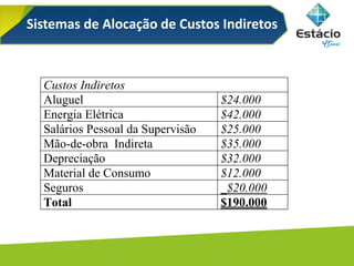 Custos Indiretos
Aluguel $24.000
Energia Elétrica $42.000
Salários Pessoal da Supervisão $25.000
Mão-de-obra Indireta $35.000
Depreciação $32.000
Material de Consumo $12.000
Seguros _$20.000
Total $190.000
Sistemas de Alocação de Custos Indiretos
 