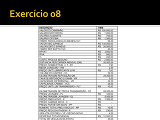 DESCRIÇÃO                                ITEM
VALOR DO CAMINHÃO                        R$ 150.000,00
SALÁRIO MOTORISTA                        R$    1.200,00
SALÁRIO AJUDANTE                         R$      700,00
SALÁRIO OFICINA                          R$    1.300,00
TEMPO TROCA VEÍCULO (MESES) VV1                   60,00
VALOR VEIC S/PNEUS                       R$ 130.000,00
VALOR EQPTO S/PNEUS                      R$ 30.000,00
TEMPO REP EQPTO VV2                               60,00
DPVAT                                    R$    3.000,00
IPVA                                     R$      500,00
TL                                       R$      200,00
CUSTO APÓLICE SEGURO                     R$    2.000,00
DISTANCIA PERCORRIDA MENSAL (DM)              20.000,00
PREÇO COMBUSTÍVEL / LT - PC              R$        1,90
MÉDIA CONSUMO - RM                                 2,50
PREÇO UNIT LUBRIFICANTE LPM              R$        7,00
VOLUME DO CARTER - VC                             22,00
KILOMETRAGEM REPOSIÇÃO QM                     25.000,00
TAXA DE REPOSIÇÃO L/100KM - VR                     3,00
CAPACIDADE DIFERENCIAL - VD                       22,00
CAPACIDADE CAMBIO - VCC                           25,00
PREÇO UNIT LUB TRANSMISSÃO - PLT         R$       10,00

KILOMETRAGEM DE TROCA TRANSMISSÃO - QT        60.000,00
PREÇO LAVAGEM - PL                       R$      120,00
KILOMETRAGEM LAVAGEM - QL                      5.000,00
PREÇO PNEU NOVO - P                      R$    1.300,00
PREÇO CAMARA NOVA - C                    R$           -
PREÇO PORTETOR NOVO - PP                 R$           -
NUMERO TOTAL PNEU VEICULO - NP           R$       10,00
PREÇO RECUCHUTAGEM - R                   R$      230,00
VIDA UTIL DO PNEU - VP - RECAP+NOVO                4,00
DESPESAS TOTAIS MENSAL                   R$   10.000,00
TOTAL DE VEÍCULOS NA FROTA                        20,00
 